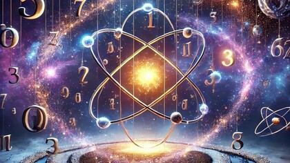 Illustrazione di numeri e struttura atomica: “Perché la natura sembra costruire complessità a partire da blocchi fondamentali come i numeri primi e gli atomi? Questa struttura riflette una sorta di progetto nascosto dell’universo? Oppure è semplicemente un risultato delle leggi naturali?”