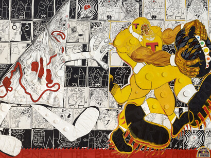 Trenton Doyle Hancock, Step and screw part too soon underneath the bloody red moon, 2018. Courtesy of The Holburne Museum