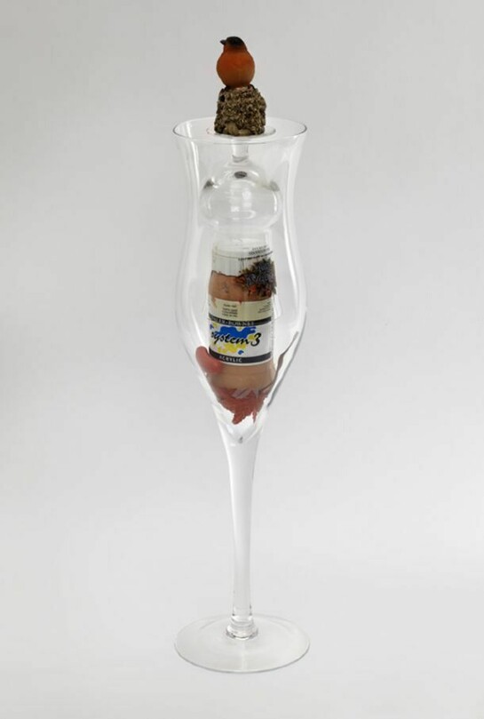 Jack Lavender, As Real As Time 2013, Glass, plastic bird, flesh coloured paint, fake leaves, plastic sausage, glue, 71x15x15 cm, 28x5.9x5.9 ins, AP-LAVEJ-00083