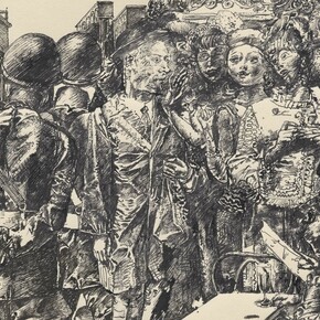 Werner Tübke, Straße in Brüssel (mit Selbstbildnis), 1965. Courtesy of Museum Städel