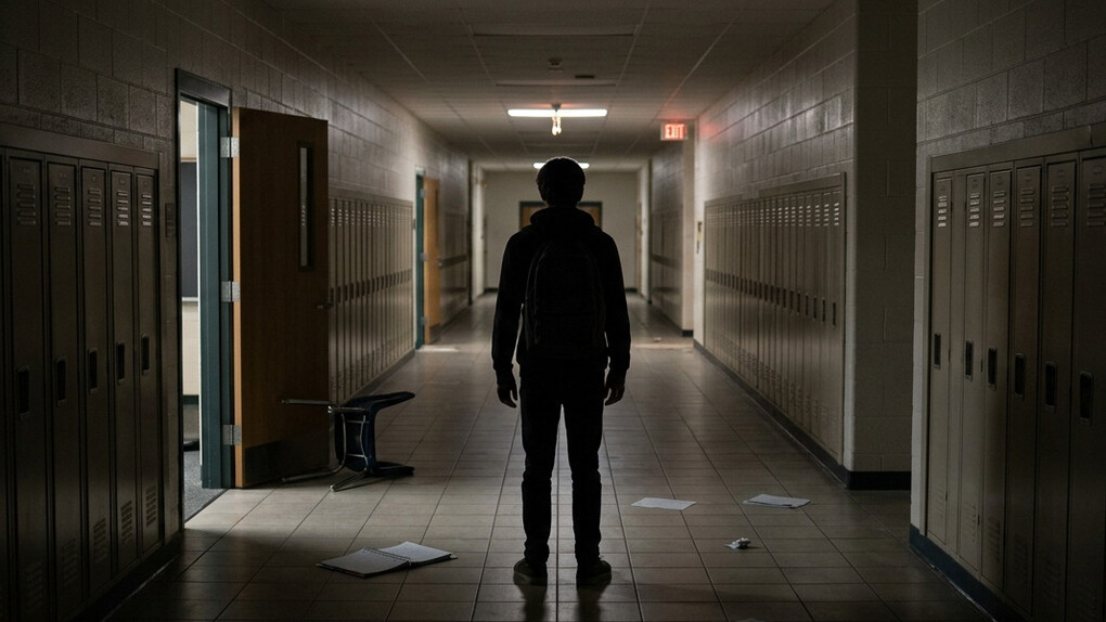 A student standing silently in a dimly lit school hallway, reflecting the importance of mental health and early intervention