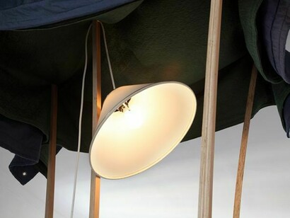 Phillip Lai Subjects and objects that cannot meet, 2012, dyed fabrics, eyelets, laminated wood, lampshade, bulb, approx. 260 x 126 x 120 cm