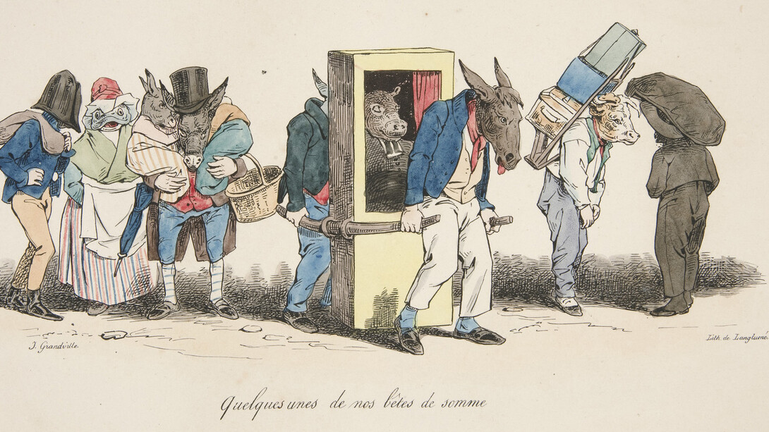 Artist: Langlumé, French, active 1822-1840
After: J.J. Grandville (Jean Ignace Isidore Gérard), French, 1803–1847
Quelques unes de nos bêtes de somme (Some of Our Beasts of Burden), no.70 from Les Métamorphoses du jour (Metamorphoses of Today)
1829
Lithograph with hand additions in watercolor

Sheet: 27 x 36 cm (10 5/8 x 14 3/16 in.)
Bequest of Eugene M. Waith
2009