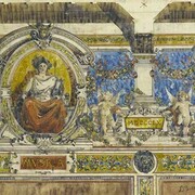 Luca Beltrami, Palazzo della Permanente, loggia del primo piano. Particolare della decorazione, 1885, inchiostro nero, matita e acquerello su carta da lucido su cartoncino, 327 x 491 mm, Milano, Civico Gabinetto dei Disegni, inv. RB 1645