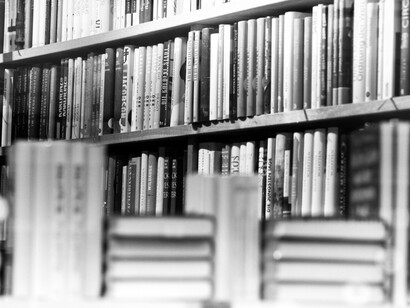 Las estanterías de una liberaría vistas desde el escaparate, con otros libros en primer termino