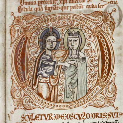 Esta ilustración medieval del monje Thomas (siglo XII) abre un comentario sobre el Cantar de los Cantares representando a Cristo y su Iglesia como enamorados