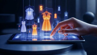 Holographic dresses float above a screen as a user taps to shop, capturing the futuristic shift toward immersive and personalized retail experiences