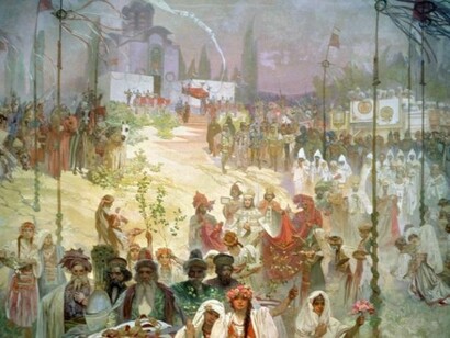 Die Krönung des Stephan Duschan, König der Serben, 1926. Eitempera auf Leinwand, 405 x 480 cm. Mucha-Stiftung, Prag.  
