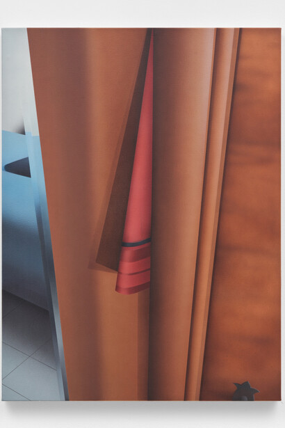 Alexandra Barth, The Red Silk Sleeve, 2023. Acrylic on Canvas, 31 1/2 x 23 5/8 inches, 80 x 60 cm. Courtesy of Mrs. Gallery. Photograph by Olympia Shannon