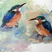 François Krige, Two Kingfishers, Unique Works on Paper, Gouache, framed, 21 x 25 cm