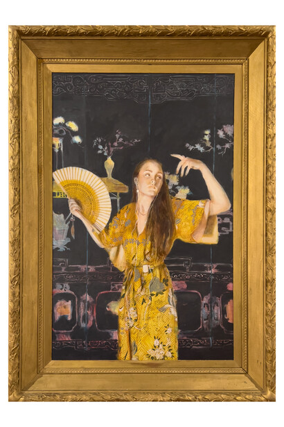 Faiza Butt, Layla on her iPod 2, 2022-2023, oil on board, 63 3/8x45 inches framed, 161x114 cm framed. Courtesy of the artist and Aicon Gallery