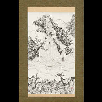 Hayaki Nishigaki, Floating along the coast 1. 2023, approx. 1450×400mm, washi, sumi, on hanging scroll. Courtesy the artist and Ronin Gallery
