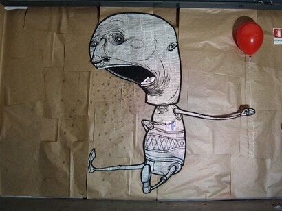 *R-UMORI*, Milano, 2011, 4m x 15m, collage fatto con carta riciclata e pittura acrilica, Milano, Circolo Arci Bitte