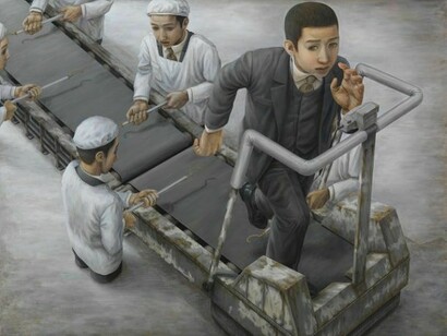 Tetsuya Ishida, Exercise Equipment, 1997, Acrylic on board , 103 x 145.6 cm © Estate of Tetsuya Ishida. Courtesy Gagosian Gallery