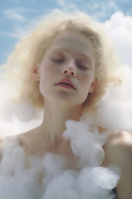 A dreamy scene of a woman floating in the sky, surrounded by soft white clouds