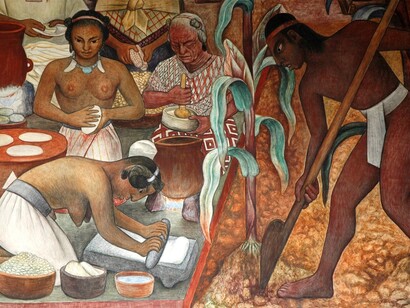 Mural de Diego de Rivera que muestra a amerindios trabajando