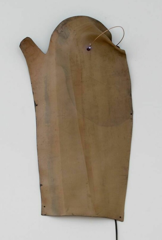Gilberto Zorio, Voltaic Bow, 1968, Leather, copper rod, electrical arc, spark, timer, 150 x 60 x 40 cm, image Courtesy of the Artist and Blain|Southern
