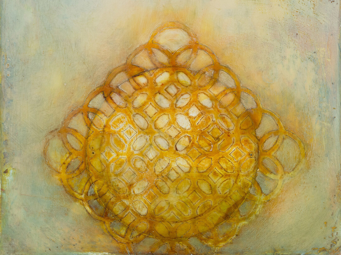 Sara Crisp, Untitled (Floral/Pattern) (detail), 2014, encaustic, oil, 10” x 10”