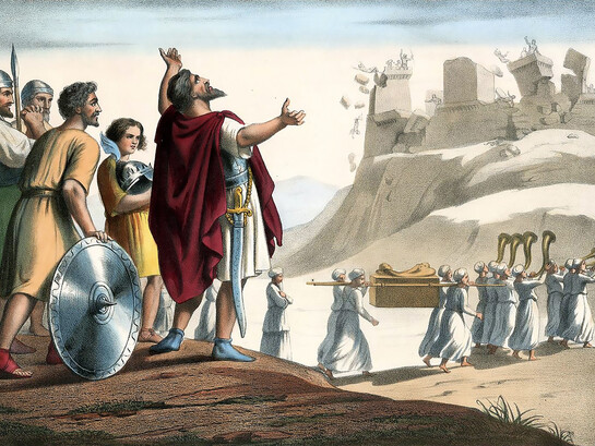 According to Joshua 6:1–27, the walls of Jericho fell after the Israelites marched around the city once a day for six days, and seven times on the seventh day, with priests blowing their horns each day and the people shouting on the final day