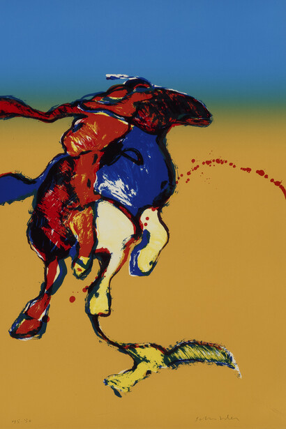 Fritz Scholder, Indian on Galloping Horse After Remington #2 (First State) (detail), 1976, Original lithograph on paper, 30 x 22.50 in. Courtesy of LewAllen Galleries