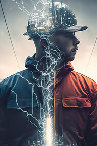 Male electrician in a protective helmet,  generated by AI