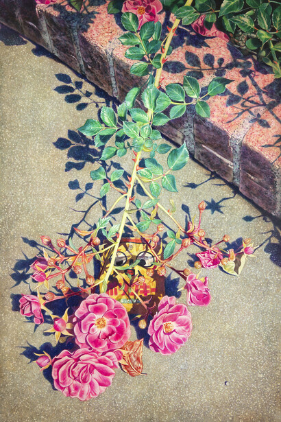 Yasushi Ikejiri, Beneath a Fallen Rose, 2023, oil on canvas, 31.6x20.9x1.3 inches. Courtesy the artist and Seizan Gallery