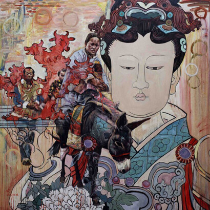 Travelogue, 2004, oil on canvas, 72x72 inches, image courtesy Turner Carroll Gallery, © Hung Liu Estate/Artist Rights Society (ARS), New York