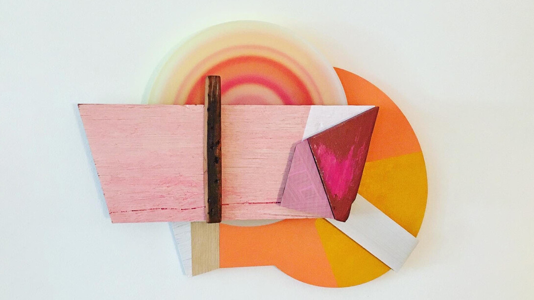 Andres Ferrandis, Eco, 2020, Wood, polycarbonate, found object, silkscreen, cardboard, oil and acrylic painting, 18 x 21 x 3.5 in.