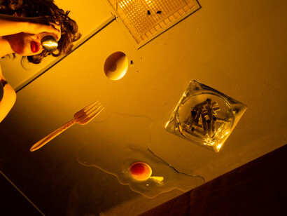 Tania Franco Klein, Egg, fork, and flies (self-portrait), 2022. Courtesy of the artist and Rosegallery