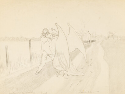 Carroll Cloar, Brother Hinsley wrestling with the angel stage 3 (study), 1960. Courtesy of Andrew Edlin Gallery