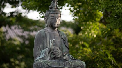 Buddha statue near trees in Tokyo, Japan