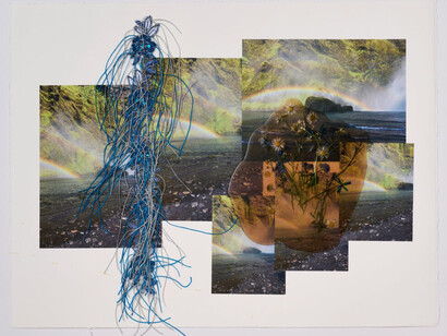Jil Weinstock, Regnbogar Foss (Rainbows and Waterfalls), detail, 2023. Photographs, rubber, plant life, and thread on BFK, Rives paper, 19 x 26 inches. Courtesy of Winston Wächter Fine Art, New York 