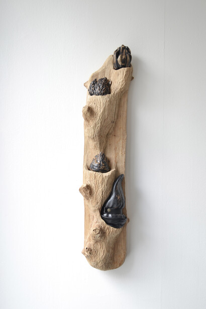 Anna Bak | Tongue tied, 2020. Wood, ceramics and leather, 85x16x16 cm