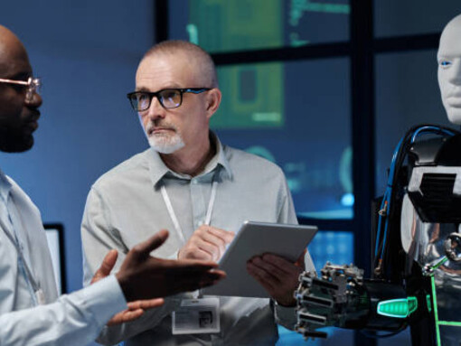 Engineers evaluating the robot’s program, integrating AI for digital communication in customer service, healthcare, and education sectors