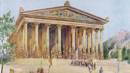 Harold Oakley, Fachada jónica elevada del Templo de Artemisa en Éfeso. Ilustración de “Maravillas del pasado” (1933-1934)