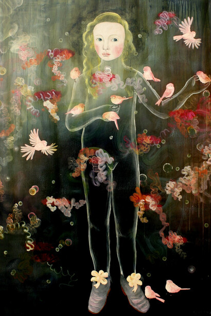 Anne Siems. Pink Bushtits, 2017, Acrylic on Wood, 48x36