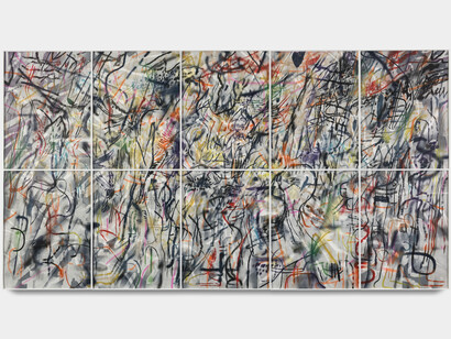 Julie Mehretu, This Manifestation of Historical Restlessness, 2022, 10-panel etching/aquatint from 50 plates, each sheet: 46 3/4x34 5/8 inches. Edition of 28. Courtesy of Berggruen Gallery