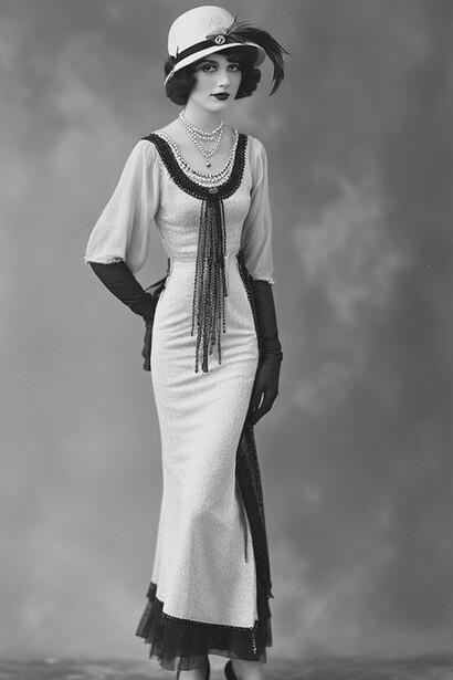 Dressed in a flowing gown and stylish hat, a woman embodies the grace and refinement of 1920s fashion