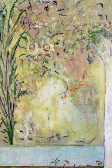 Harry Adams, 2014, Weed at the foot of the wall, oil characoal and beeswax encaustic on cotton covered boards, 152.5 x 108 cm