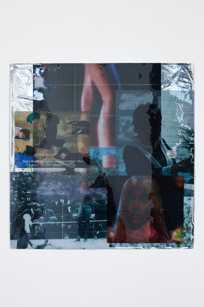 Ebun Sodipo, I'll never be your western fantasy, 2023, mylar, digital paper print, and epoxy resin, 120x120x1 cm, unique. Photographer: Moritz Schermbach. Courtesy of Vitrine, Basel

