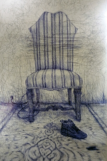 Antonio Riello, Shame Throne, 2021, 250 x 120 cm, blue ballpoint pen on paper