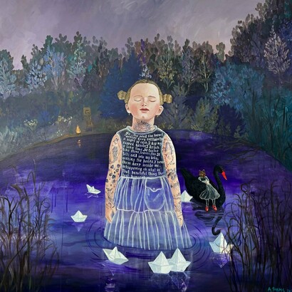 Anne Siems, “The Pond,” acrylic on panel, 40 x 40 in. Courtesy of the artist and Patricia Rozvar Gallery