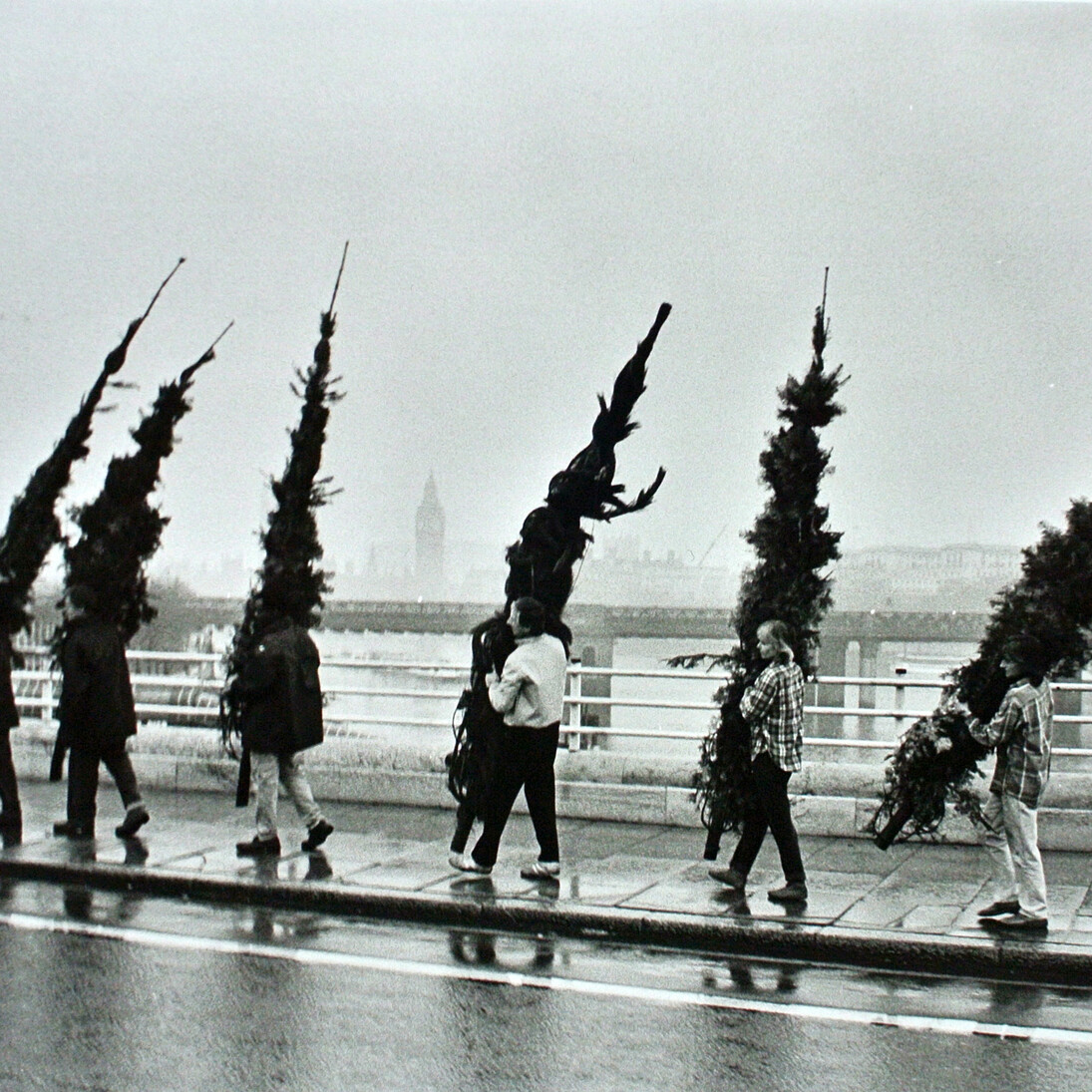 Carrying Christmas trees to the Hayward Gallery, 1980s. Courtesy of YSP © Jonty Wilde