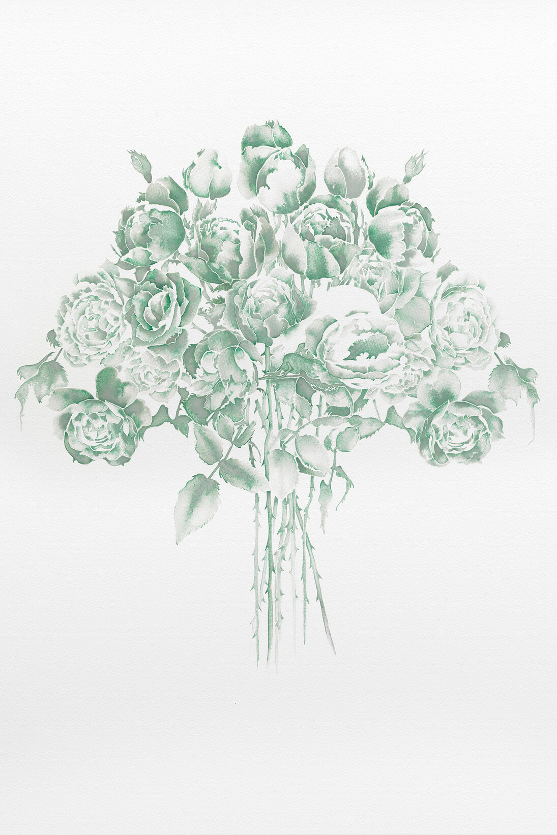 Hannah Maybank, Lily, 2014, Malachite and Slate Green in Watercolour on Stretched Watercolour Paper
over Polyester, 35 1/2 x 29 1/2 in / 90 x 75 cm