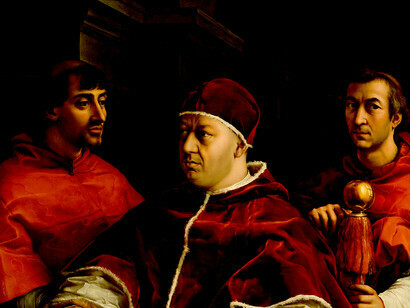 Raffaello, Ritratto di Leone X tra i cardinali Giulio de’ Medici e Luigi de’ Rossi, (particolare), 1518-19
