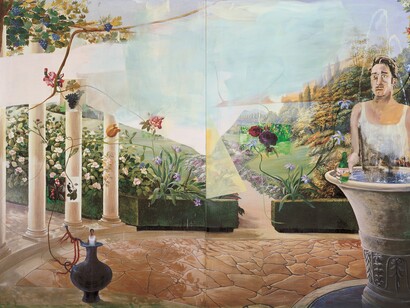 Selbst als Frühling, 2006. Diptych; photograph, wallpaper, oil, and acrylic on wood, 104 3/8 x 151 1/2 in (265 x 385 cm). Private collection. Image courtesy the artist and Galerie Max Hetzler, Berlin