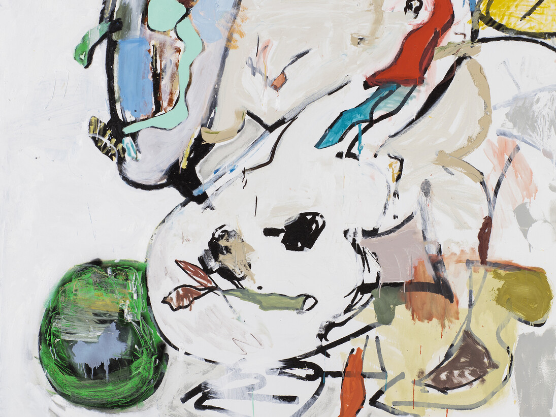 Eddie Martinez, Beach Young, 2016, Silkscreen ink, oil paint, spray paint, enamel and graphite on canvas 182.9 x 274.3 cm. © Eddie Martinez
Courtesy Timothy Taylor
