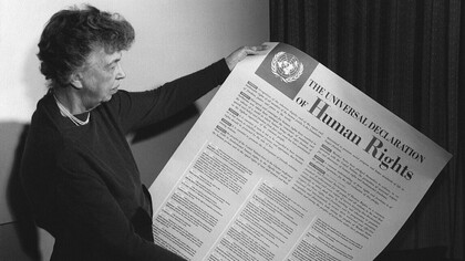 Former US first lady Eleanor Roosevelt holding the Universal Declaration of Human Rights in 1949