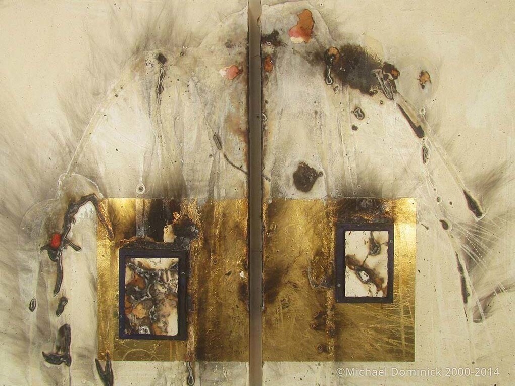 Michael Dominick, The Last Binghamton Diptych, 2014, Oil,iron and mixed on charred paper, 34" x 45"