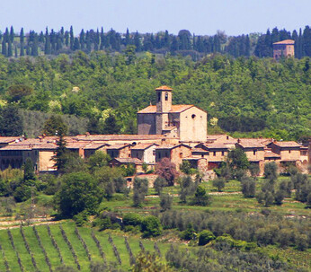 Panorama dell'ex Monastero, Chiesa e Certosa di San Pietro a Pontignano, territorio di Castelnuovo Berardenga, (Siena), Toscana, Italia